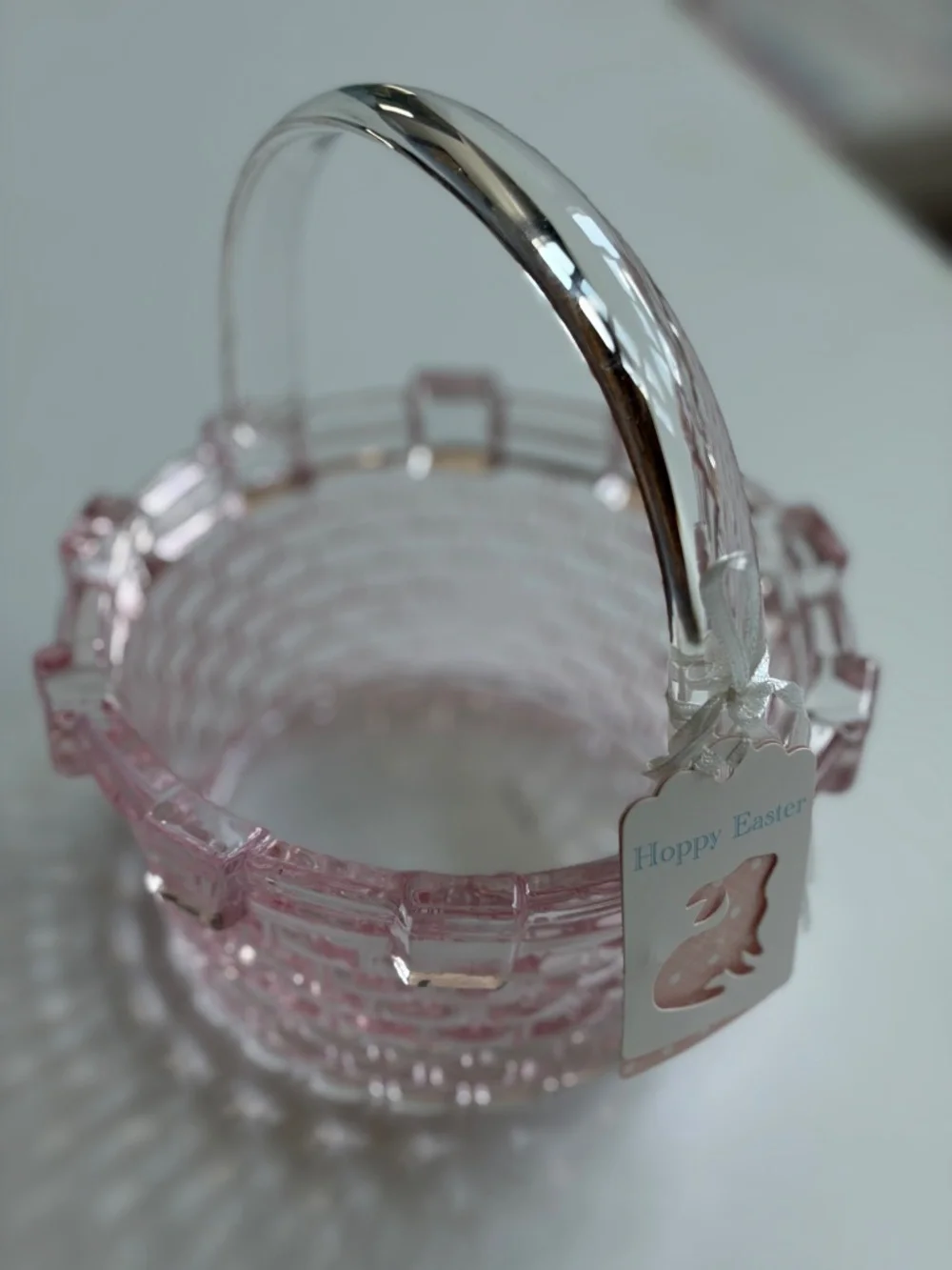 brand new Barely-Pink Clear Glass EASTER BASKET Candy Dish